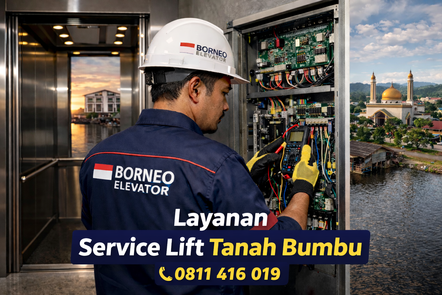 Teknisi Borneo Elevator melakukan service lift di Tanah Bumbu dengan pemeriksaan panel kontrol lift profesional hubungi 0811 416 019