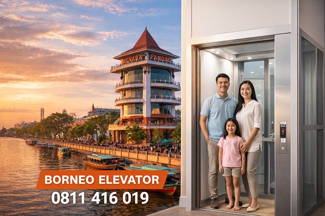 Jual lift rumah Fuji Global di Banjarmasin dengan latar Menara Pandang, keluarga menggunakan lift rumah Borneo Elevator