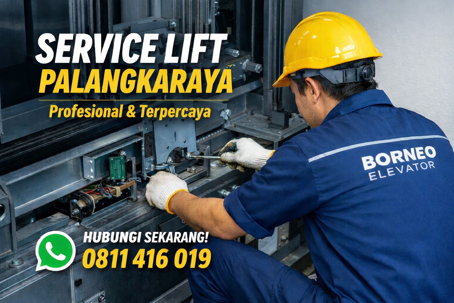 Harga service lift Palangkaraya oleh teknisi Borneo Elevator saat melakukan perawatan mesin lift gedung