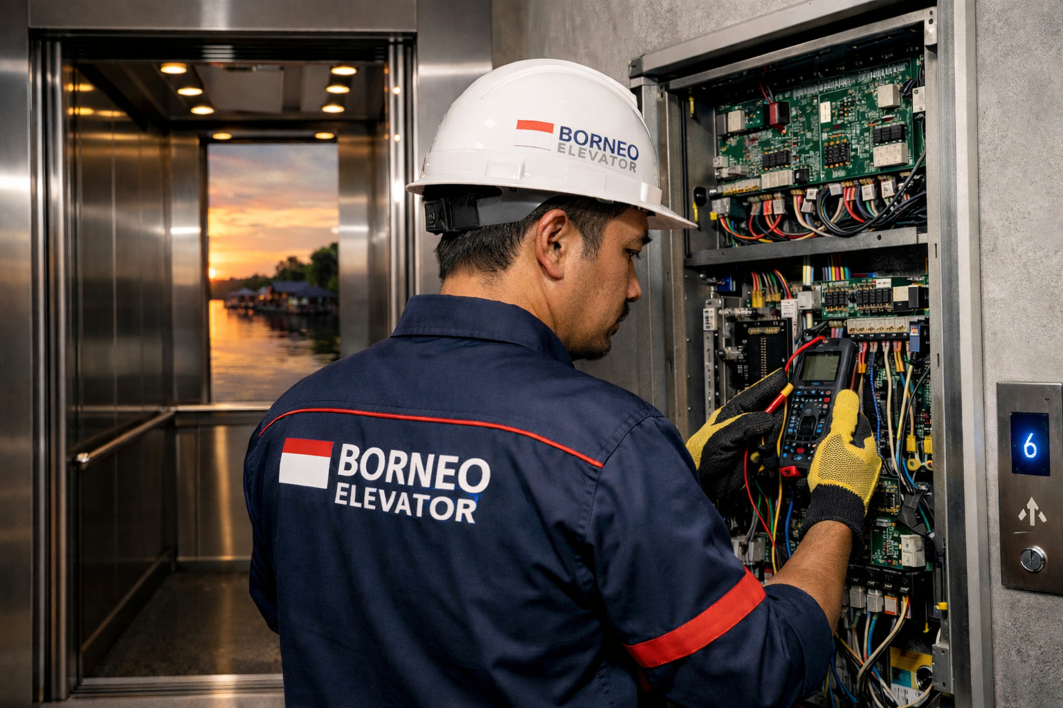 Teknisi Borneo Elevator melakukan service lift dan pengecekan panel kontrol elevator di Sungai Danau Kalimantan