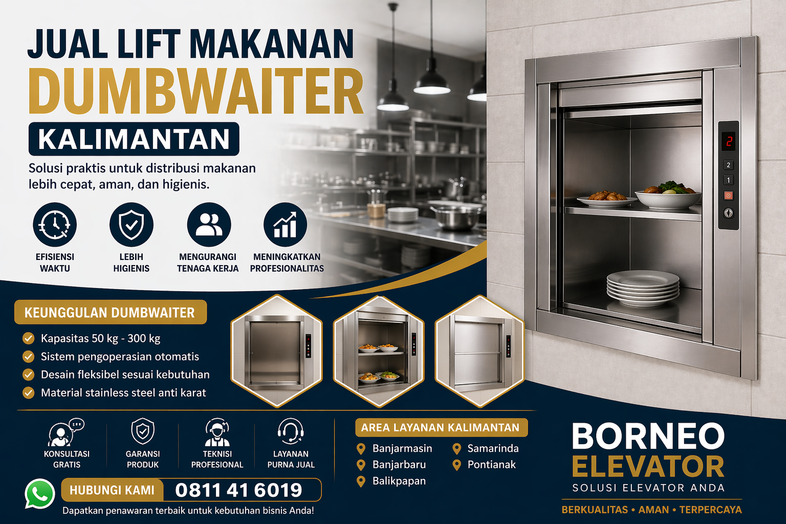Jual lift makanan dumbwaiter Kalimantan dari Borneo Elevator untuk restoran dan hotel